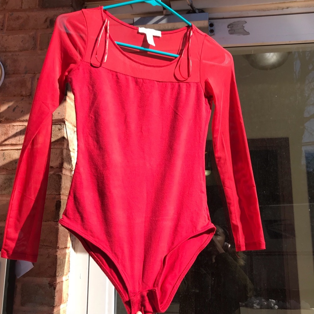 Vibrant Red Bodysuit With Mesh Sleeves, Ambiance.
